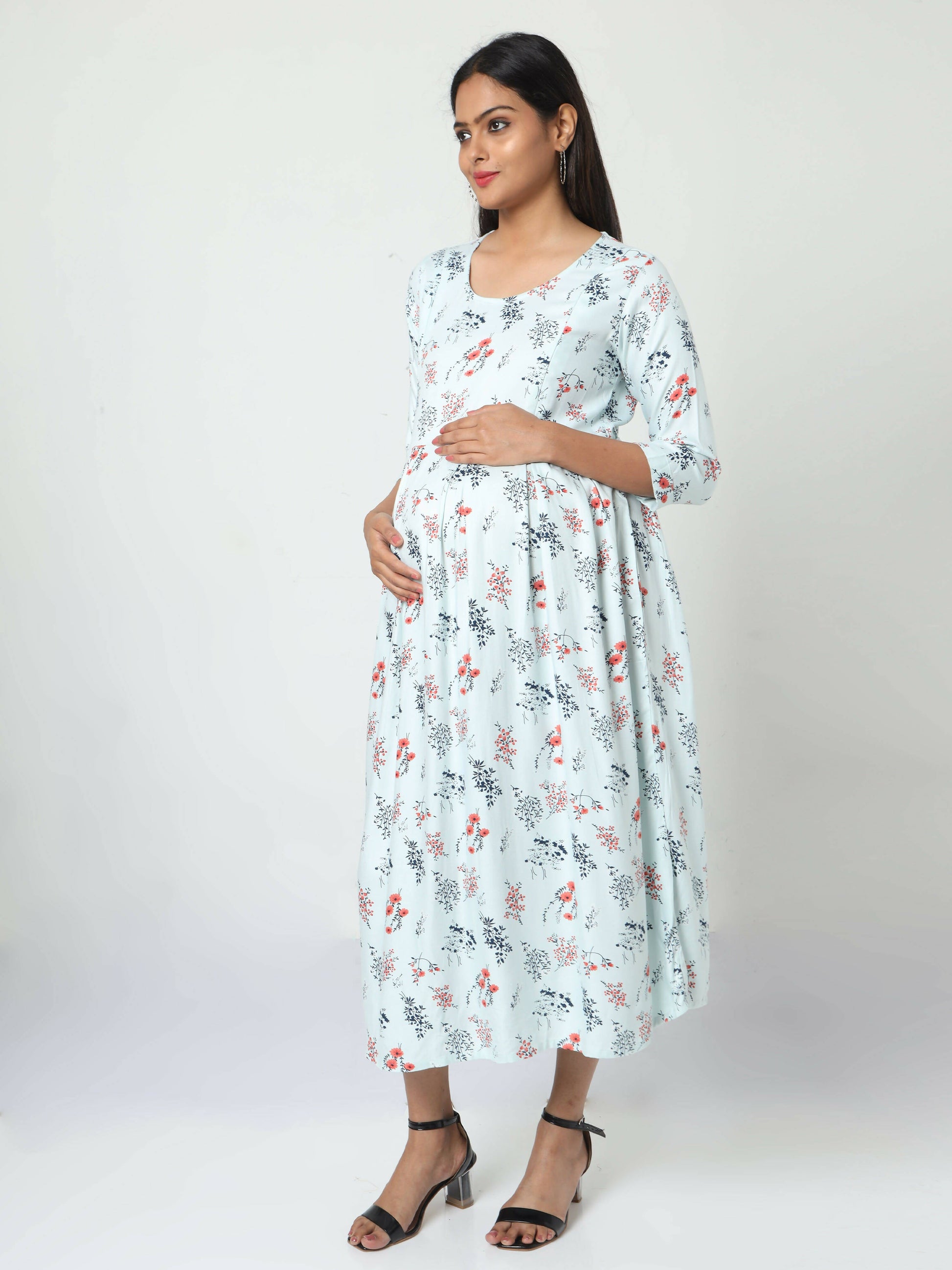 Manet Three Fourth Maternity Dress Floral Print With Concealed Zipper Nursing Access - Pista Green