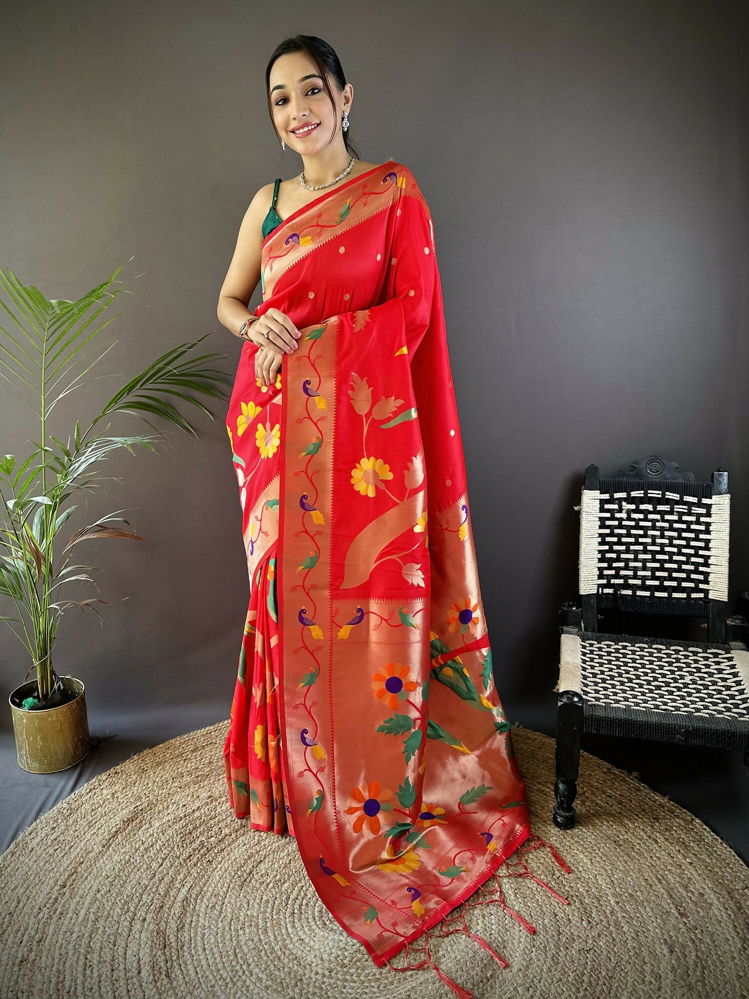 Joban Fashion Red Zari Woven Floral Motifs Soft Silk Paithani Silk Saree