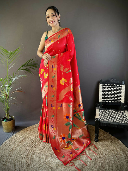 Joban Fashion Red Zari Woven Floral Motifs Soft Silk Paithani Silk Saree