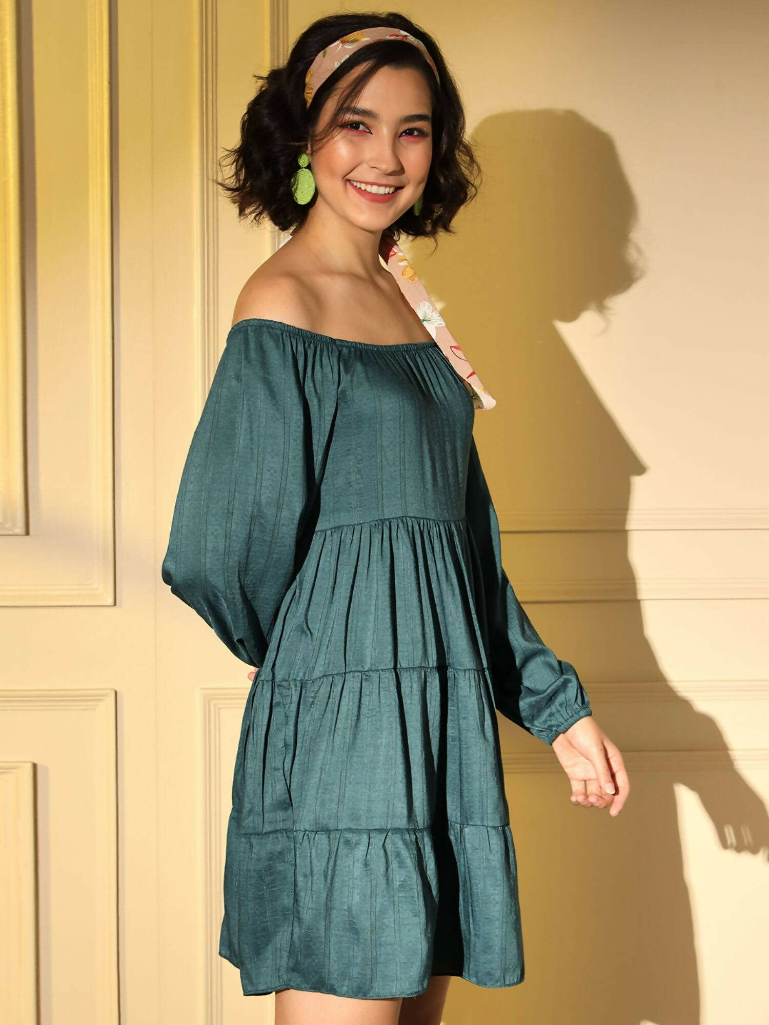 Teal Viscose Solid Design Flared Dress - Shivani