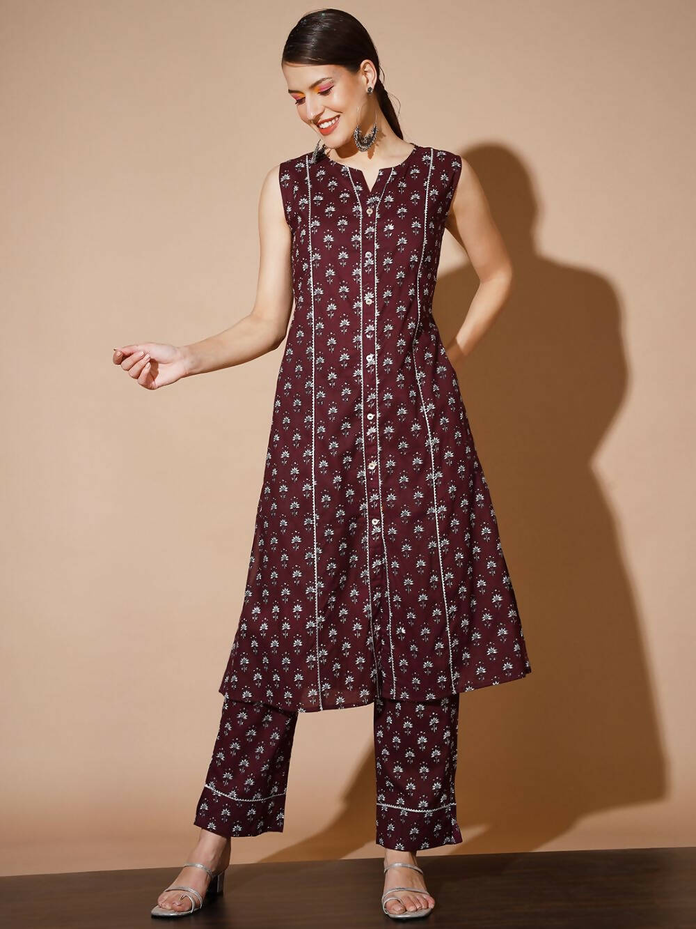 Myshka Women Rust Floral Kurta & Trousers