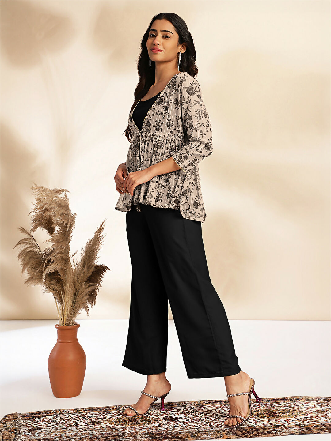 Janasya Black Crepe Solid Top,Bottom & Jacket 