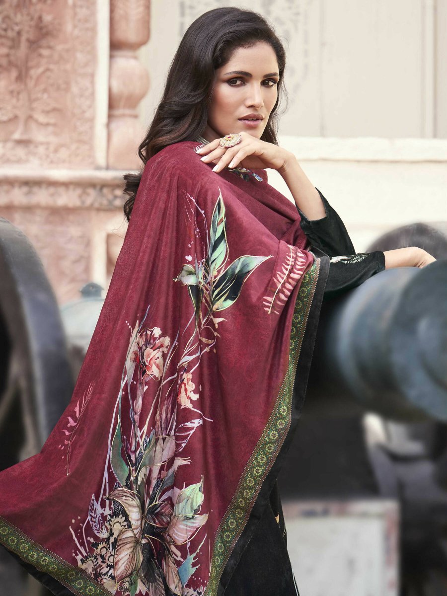 Aastha Fashion Women's Black Velvet Floral Digital Printed Kurta with Trouser & Dupatta - Grab2buy