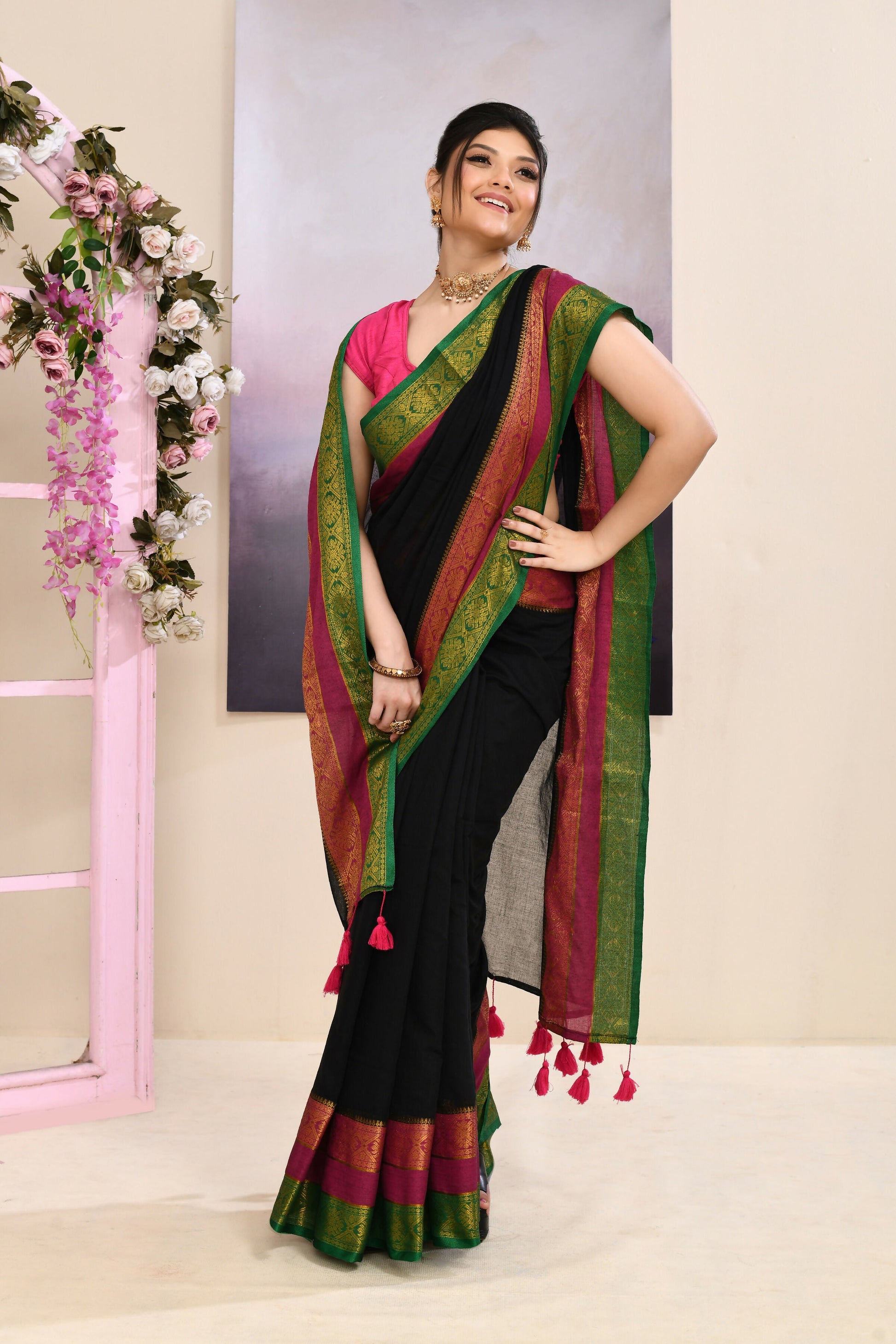 Piyari Fashion Women's Black Embellished Zari Border Cotton Saree
