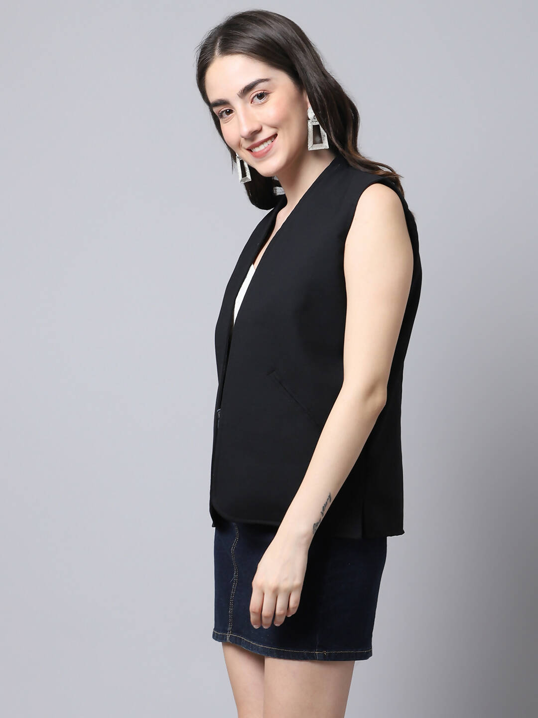 Even Apparels Black Linen Cotton Open Front Women's Waistcoat 