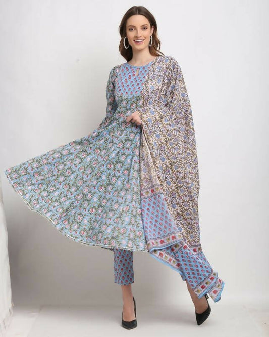 Aastha Fashion Women's Blue Cotton Kalamkari Printed Kurta with Trouser & Dupatta - Grab2buy