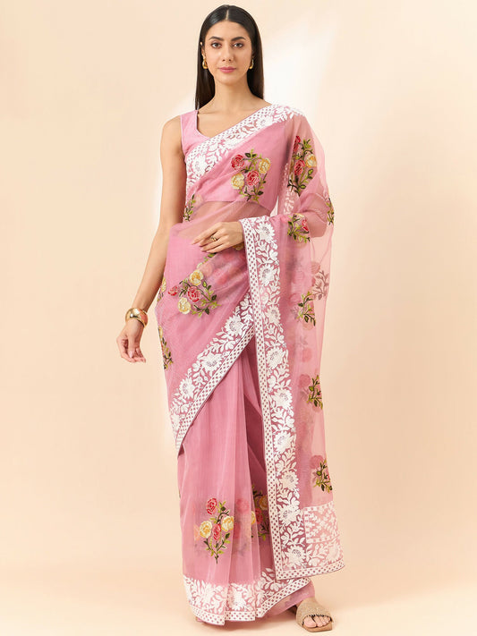 Pink Organza Floral Embroidered Saree with Unstitched Blouse Piece - Roozal