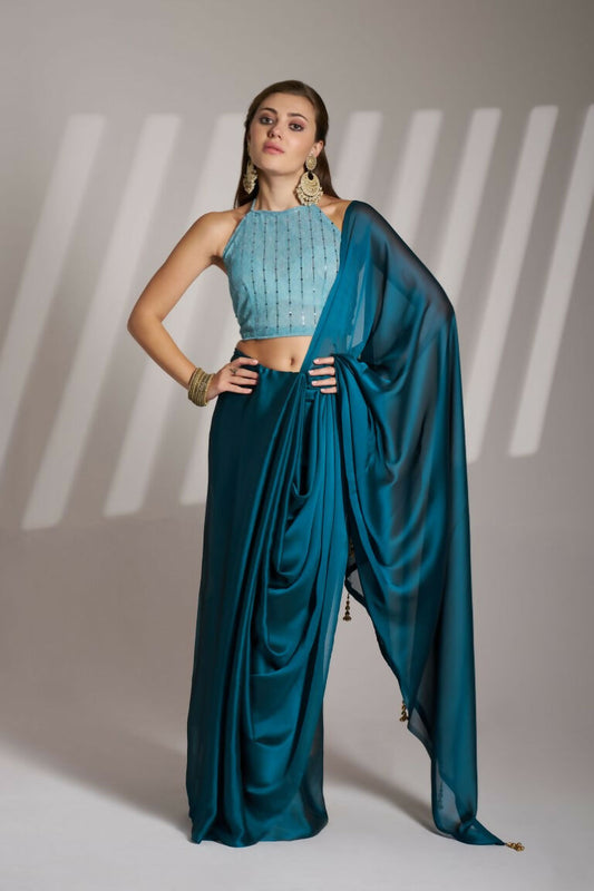 Blue Satin Rangoli Solid Fancy Designer Saree - Nafisa