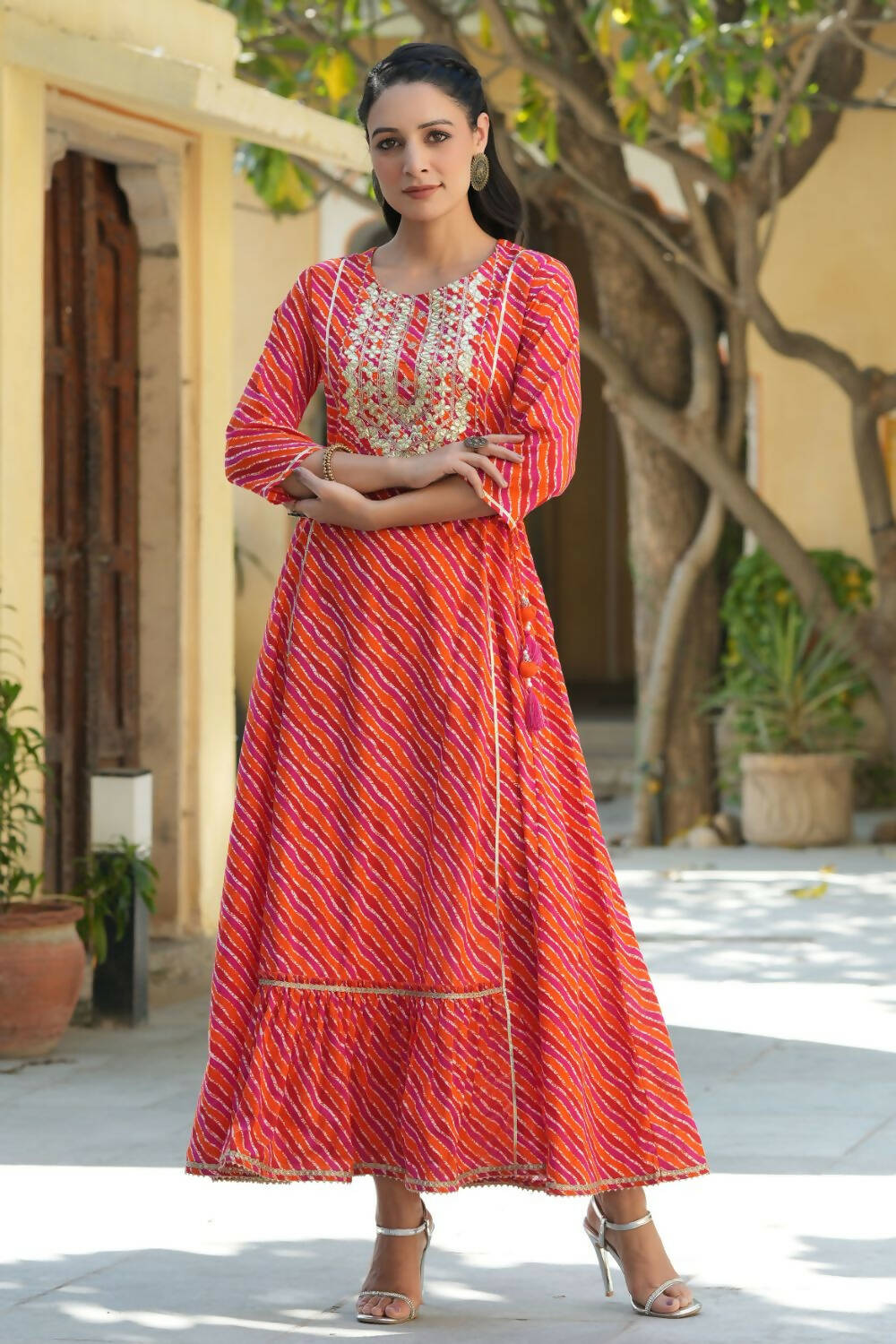 Juniper Women's Multi Cambric Printed Embroidered Flared Dress