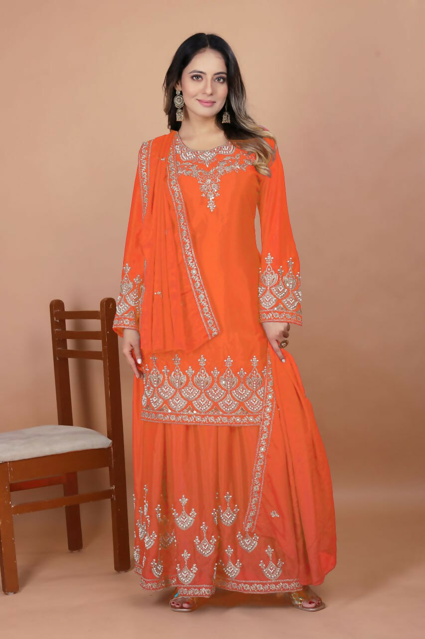 Joban Fashion Orange Silk Embroidered Sharara Set