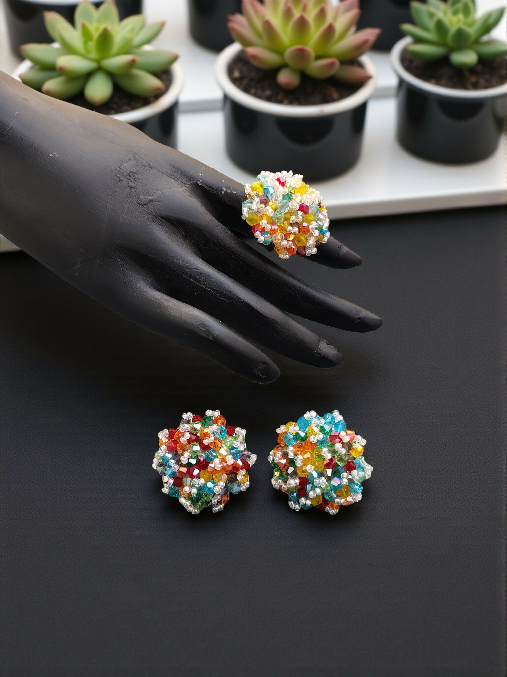 Inhanns Rangmani Crystal Duo – Adjustable Ring + Statement Earrings Set - Multicolor 2