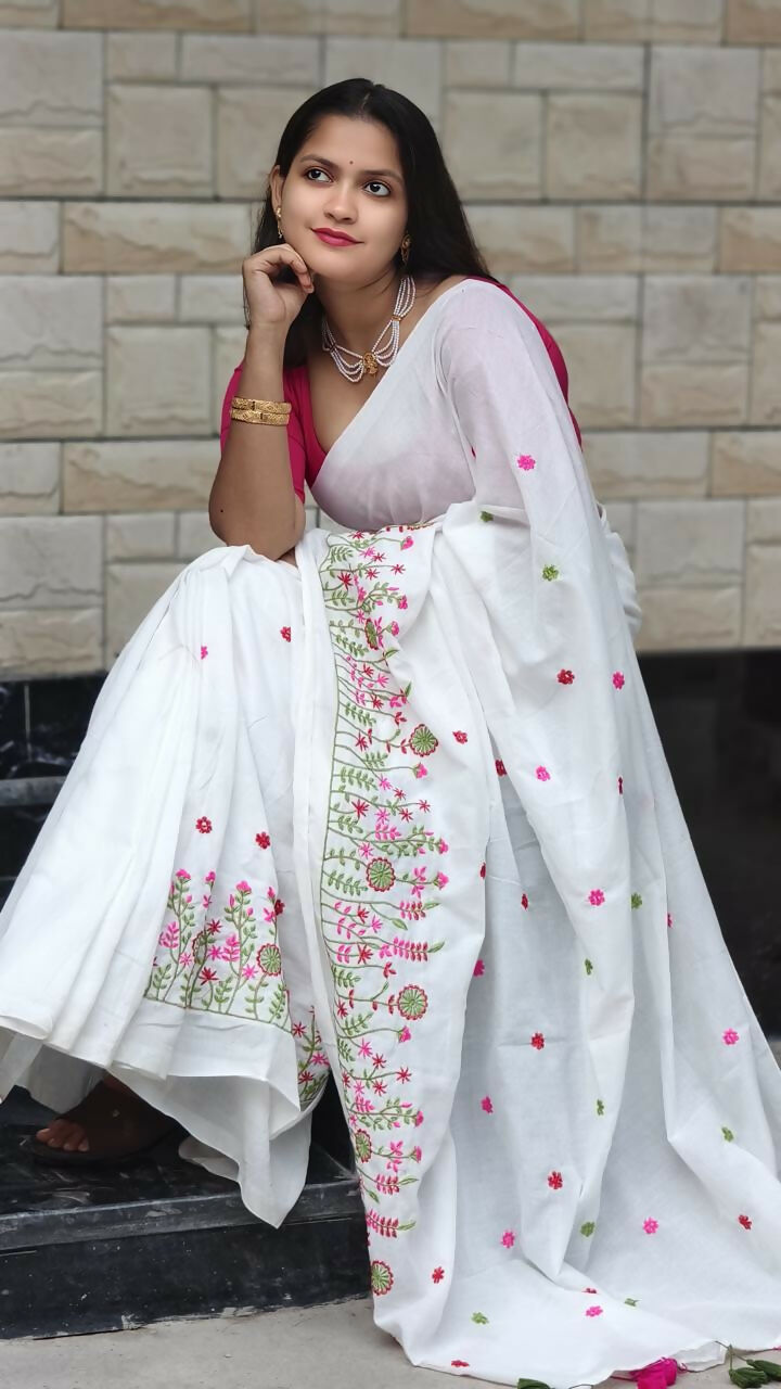 Exclusive Collection White Pure Cotton Handloom Embroidered Grab2Buy 