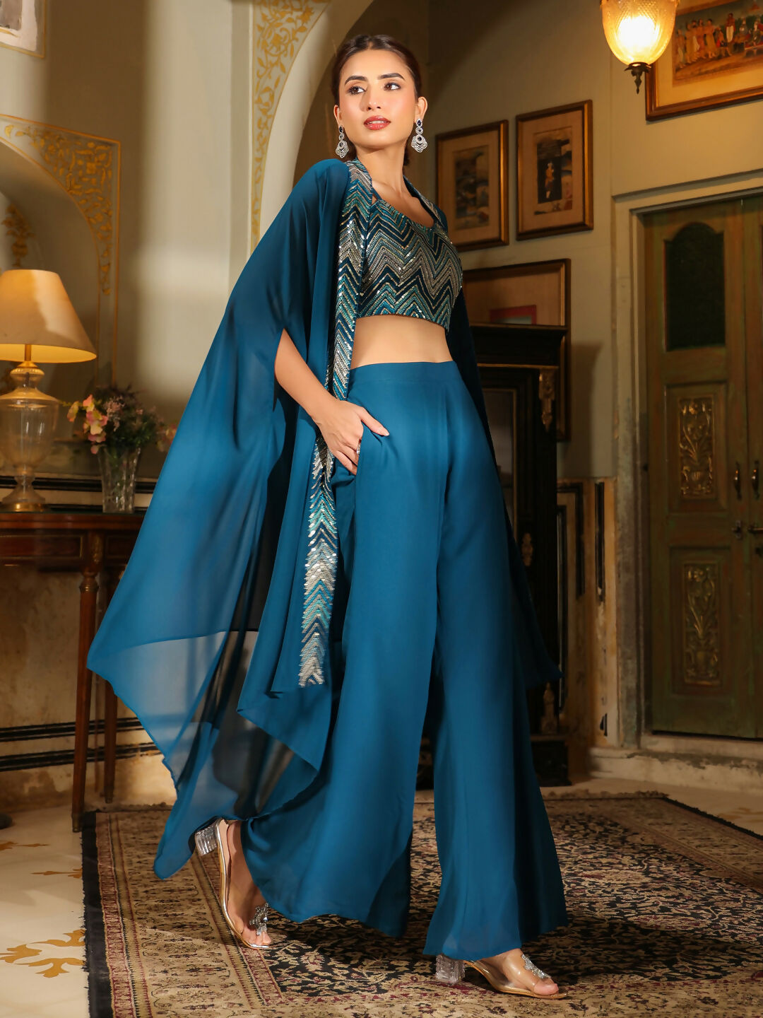Janasya Teal Blue Georgette Embroidered Top Bottom Cape 