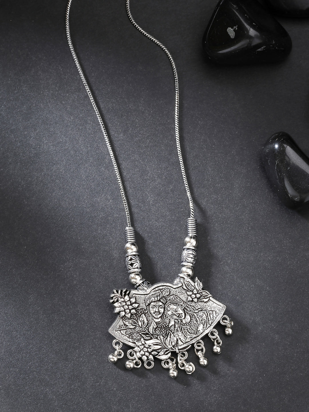 NVR Women's Silver-Toned Radha Krishna Pendant with Chain 