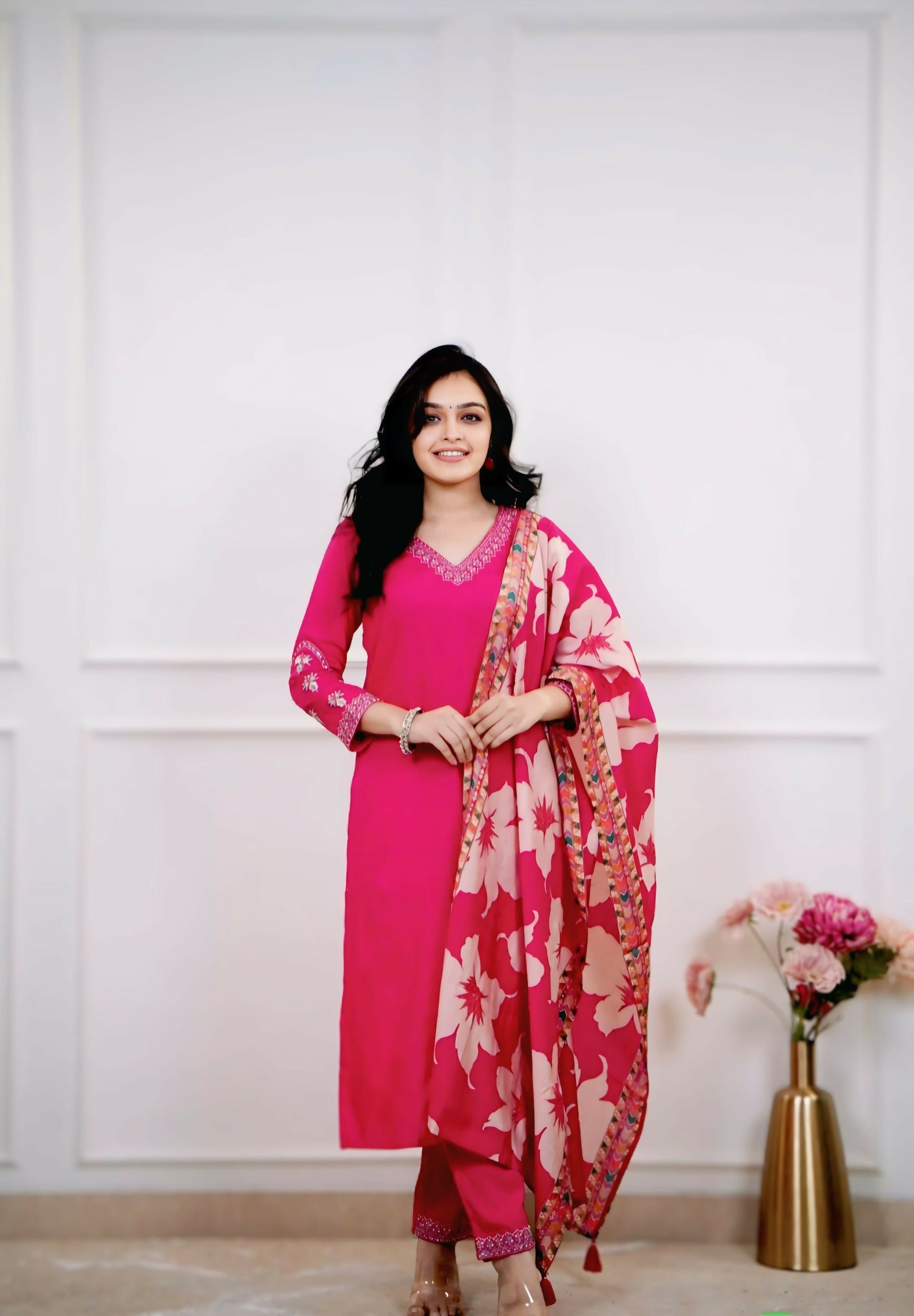 The52 Pink Women's Beautiful Viscose Silk Fabric Embroidered Work Straight Kurta Pant and Dupatta Set | Grab2Buy