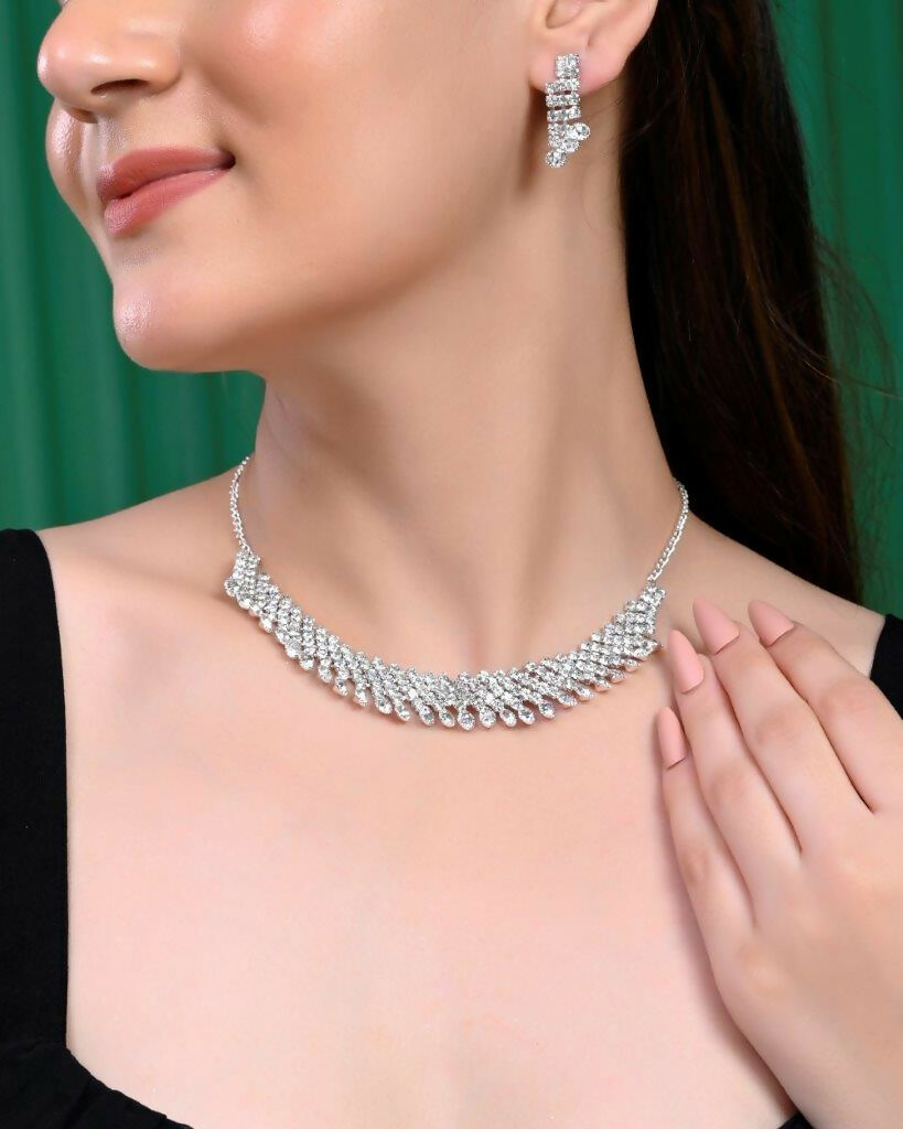 VOJ Silver Plated AD Stone Studded Necklace With Earrings Jewellery Set - Grab2buy