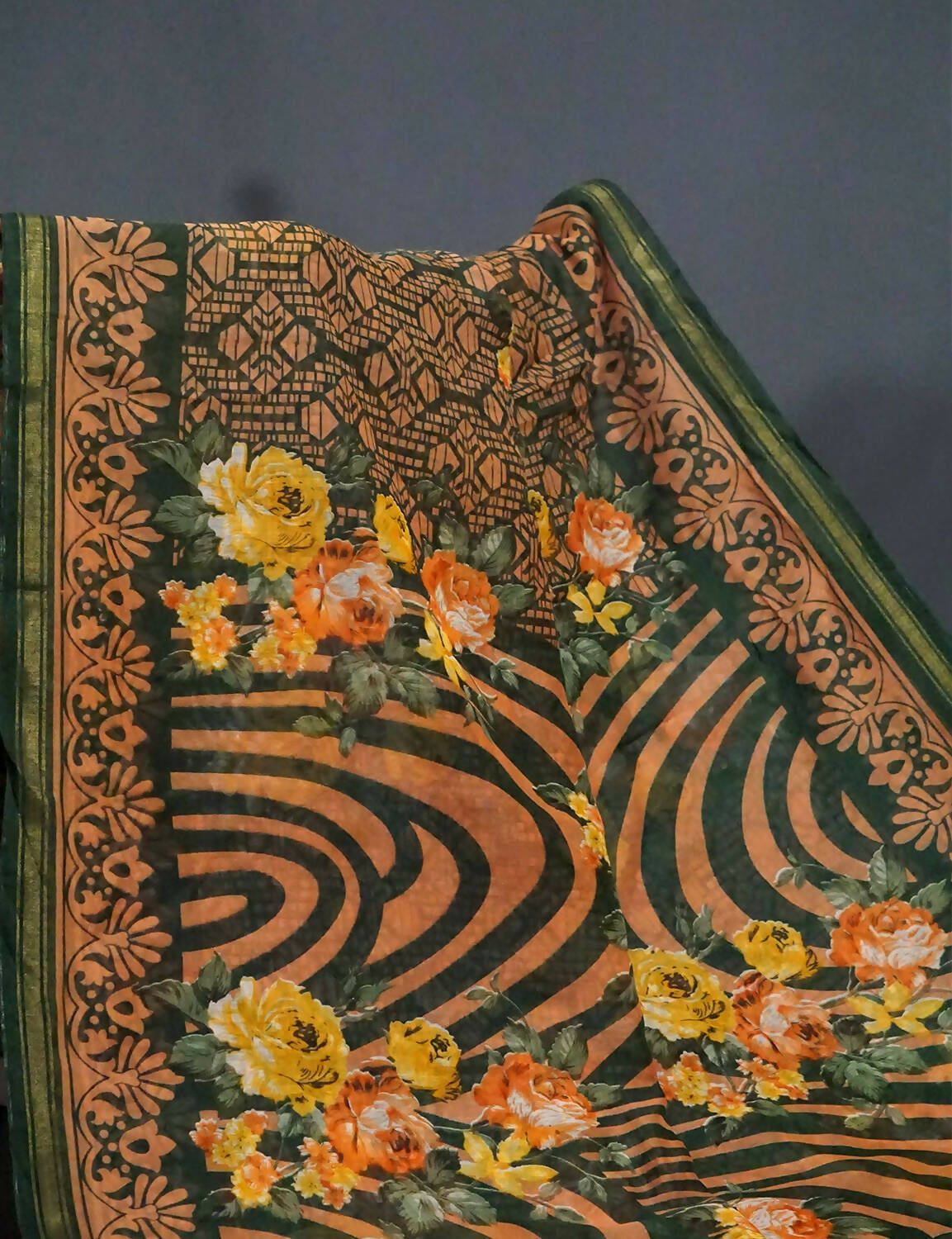 Shades Of Dark Leaf Green Floral Design Semi Chanderi Grab2Buy By Gayathri Reddy Designer Studio 