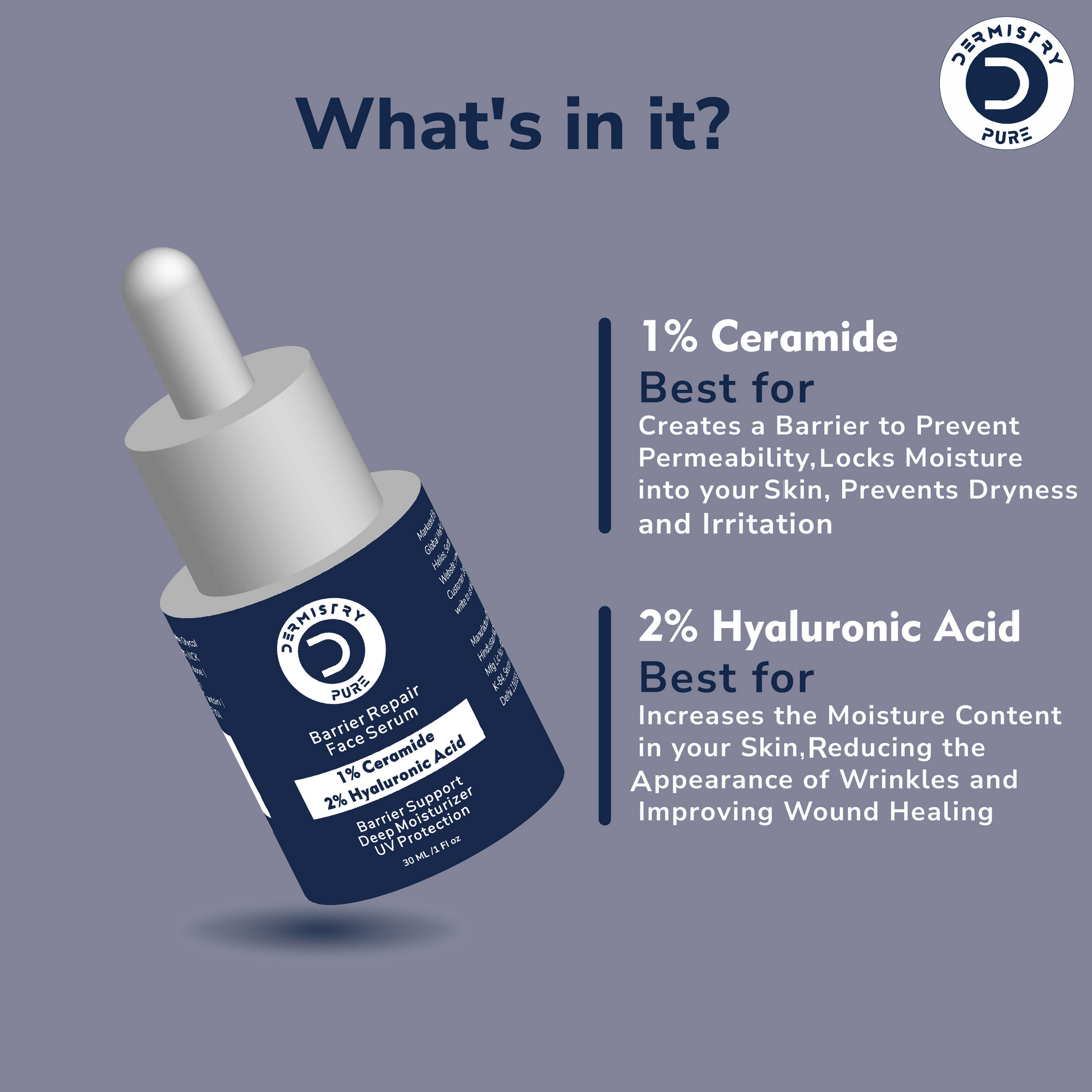Dermistry 1% Ceramide 2% Hyaluronic Acid Sensitive Dry Skin Barrier Repair Moisturiser Face Serum 