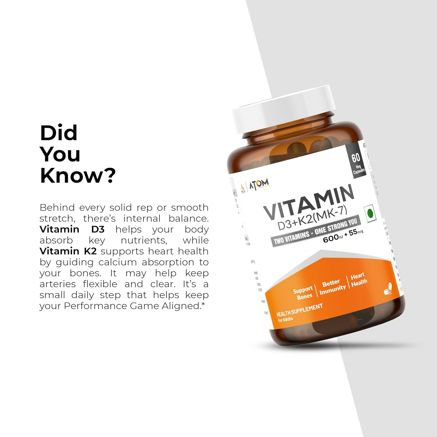 As-It-Is Atom Vitamin D3 & K2 (Mk-7) Veg Capsules 