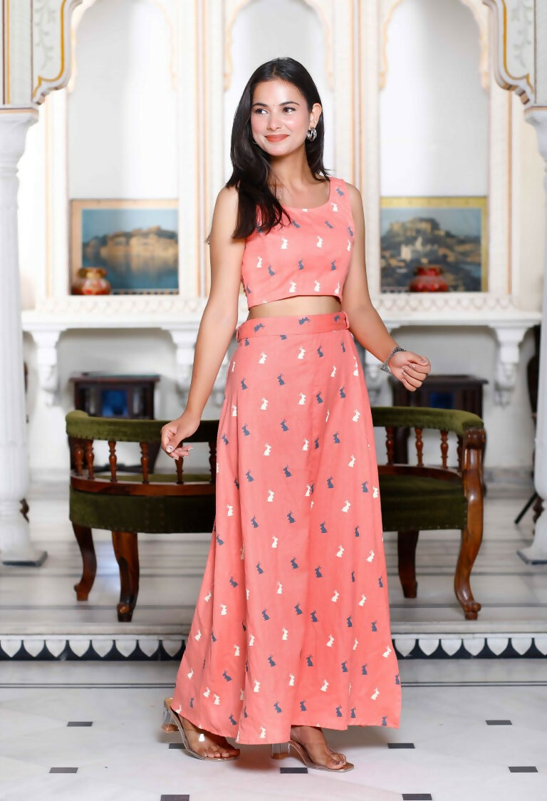 Miravan Women's Peach Animal Print Round Neck Top With Side Slit Skirt Co-Ord Set 