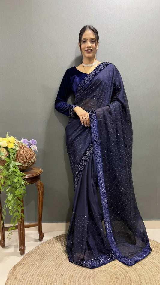Vastranavya Dark Purple Rangoli Silk Swarovski work Ready to Wear Saree