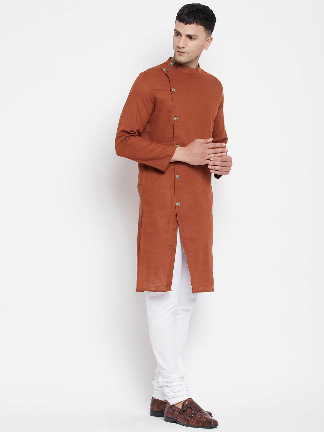 Even Apparels Brown Pure Cotton Men's Sherwani Kurta With Asymetrical Cut 