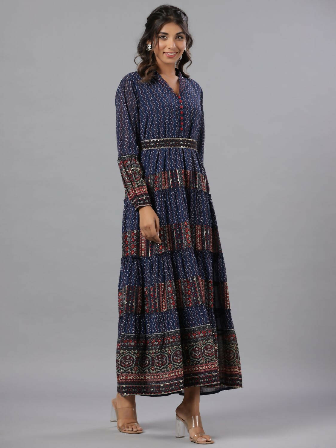 Juniper Women Navy Blue Georgette Printed Tiered Maxi Dress