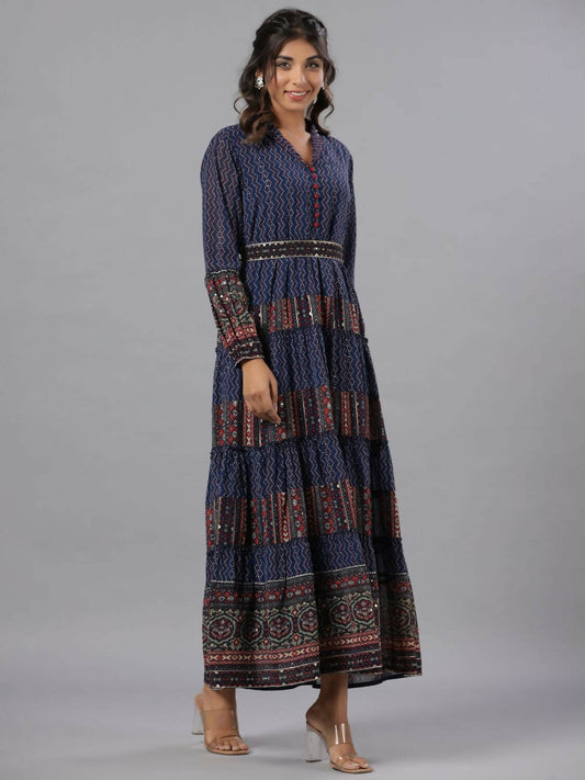 Juniper Women Navy Blue Georgette Printed Tiered Maxi Dress