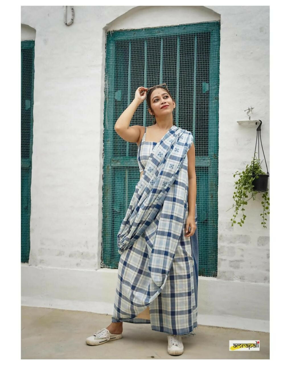 Exclusive Collection Beautiful Check Blue Pure Cotton Woven Handloom Grab2Buy With Running Blouse Piece 