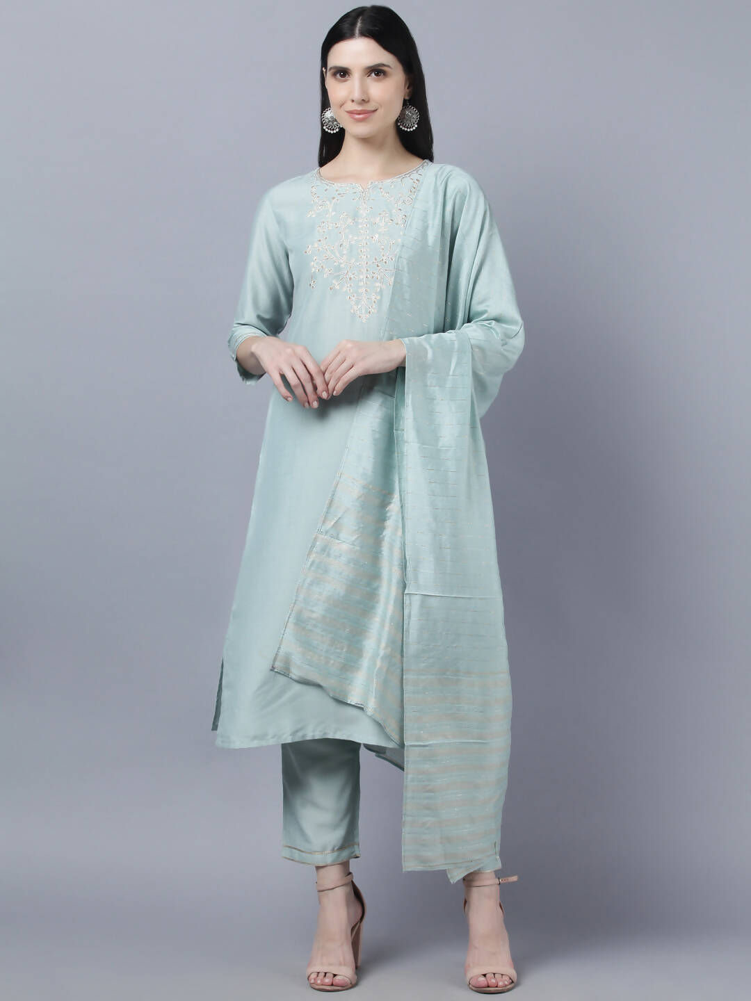 Myshka Women Grey Yoke Design Gotta Patti Kurta with Trousers Dupatta Set
