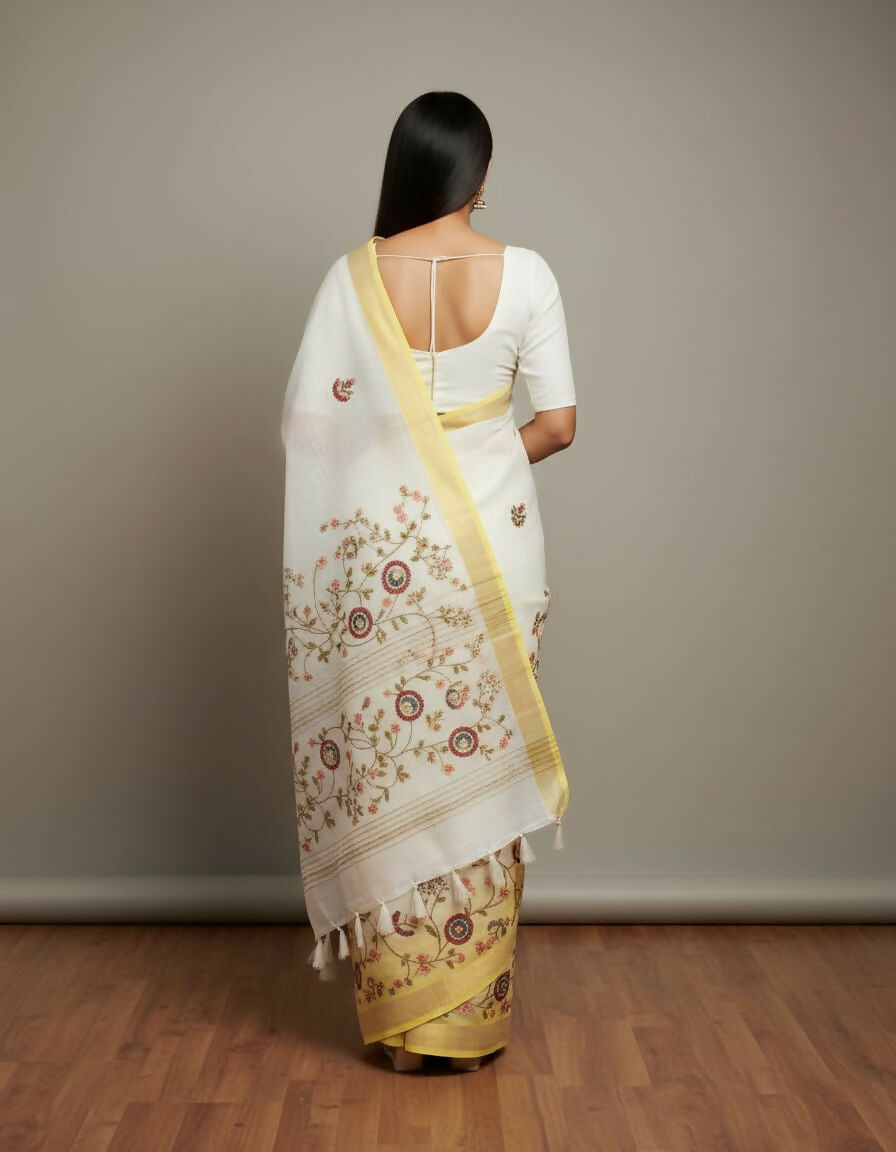 Morchari White Mal Chanderi With All Over Kantha Hand Work Saree