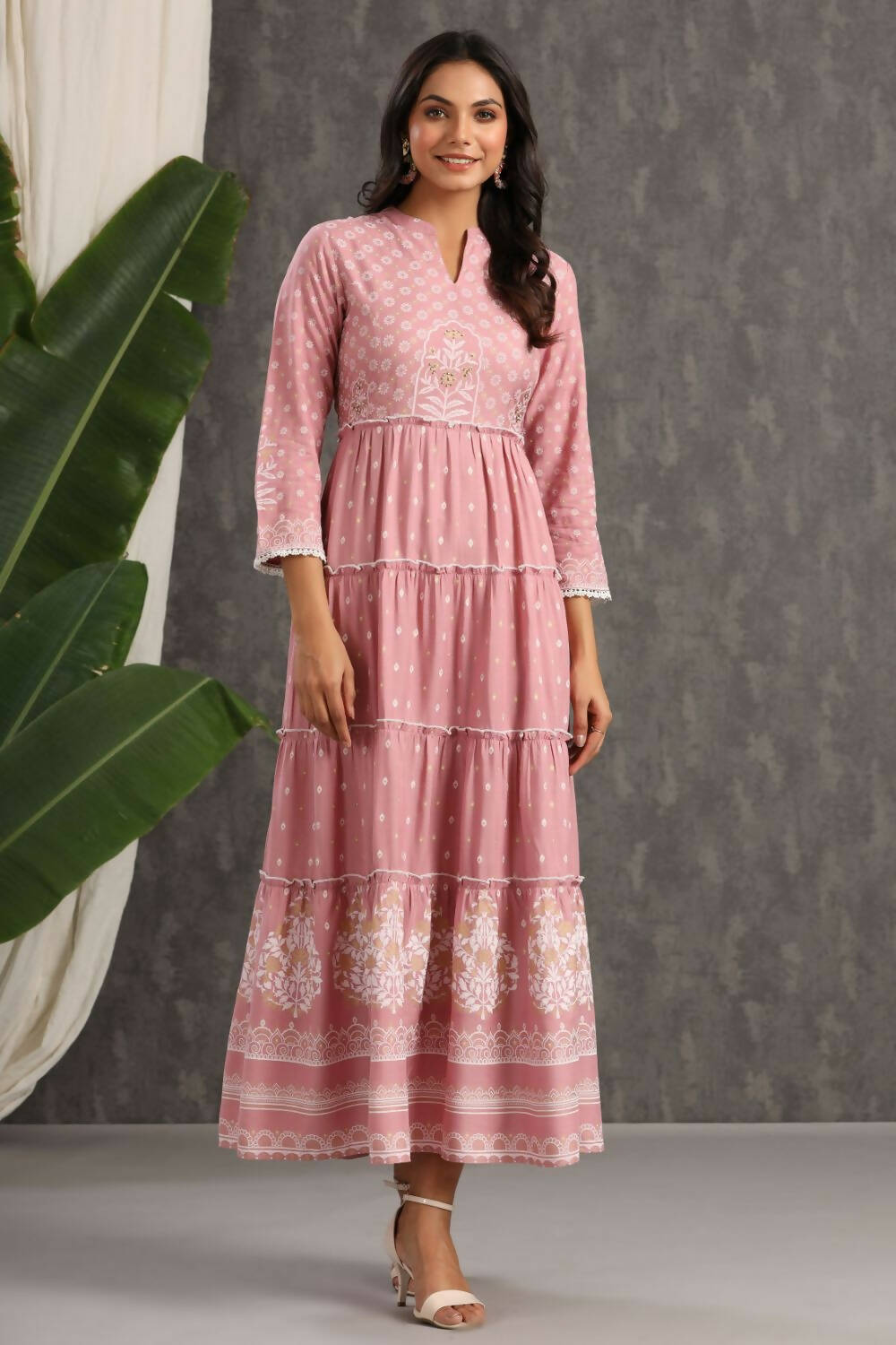 Juniper Womens Onion Pink Rayon Foil Printed Tiered Dress