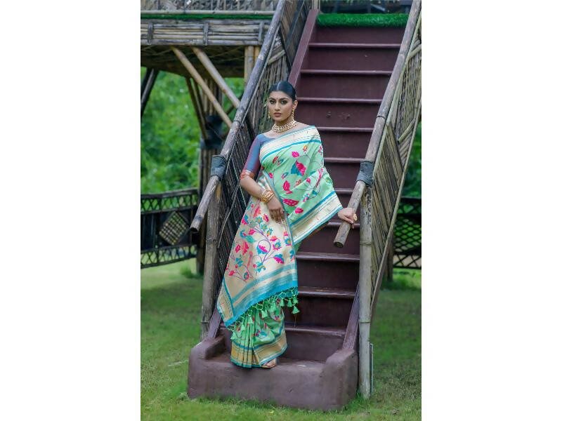 Aastha Fashion Women's Sea Green Banarasi Silk Meenakari Zari Woven Saree with Blouse - Grab2buy