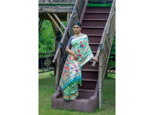 Aastha Fashion Women's Sea Green Banarasi Silk Meenakari Zari Woven Saree with Blouse - Grab2buy
