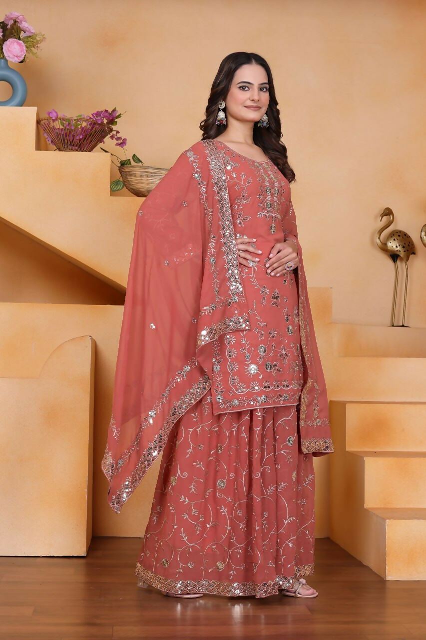 Teeya Creation Peach Color Faux Georgette Embroidery Work Wedding Wear Palazzo Set