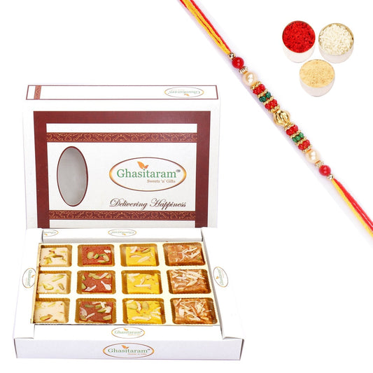 Ghasitaram Assorted Barfis White Box With Pearl Beads Rakhi 