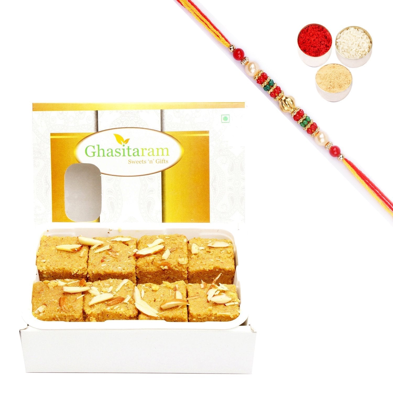 Ghasitaram Nani's Special Besan Barfi With Pearl Beads Rakhi 