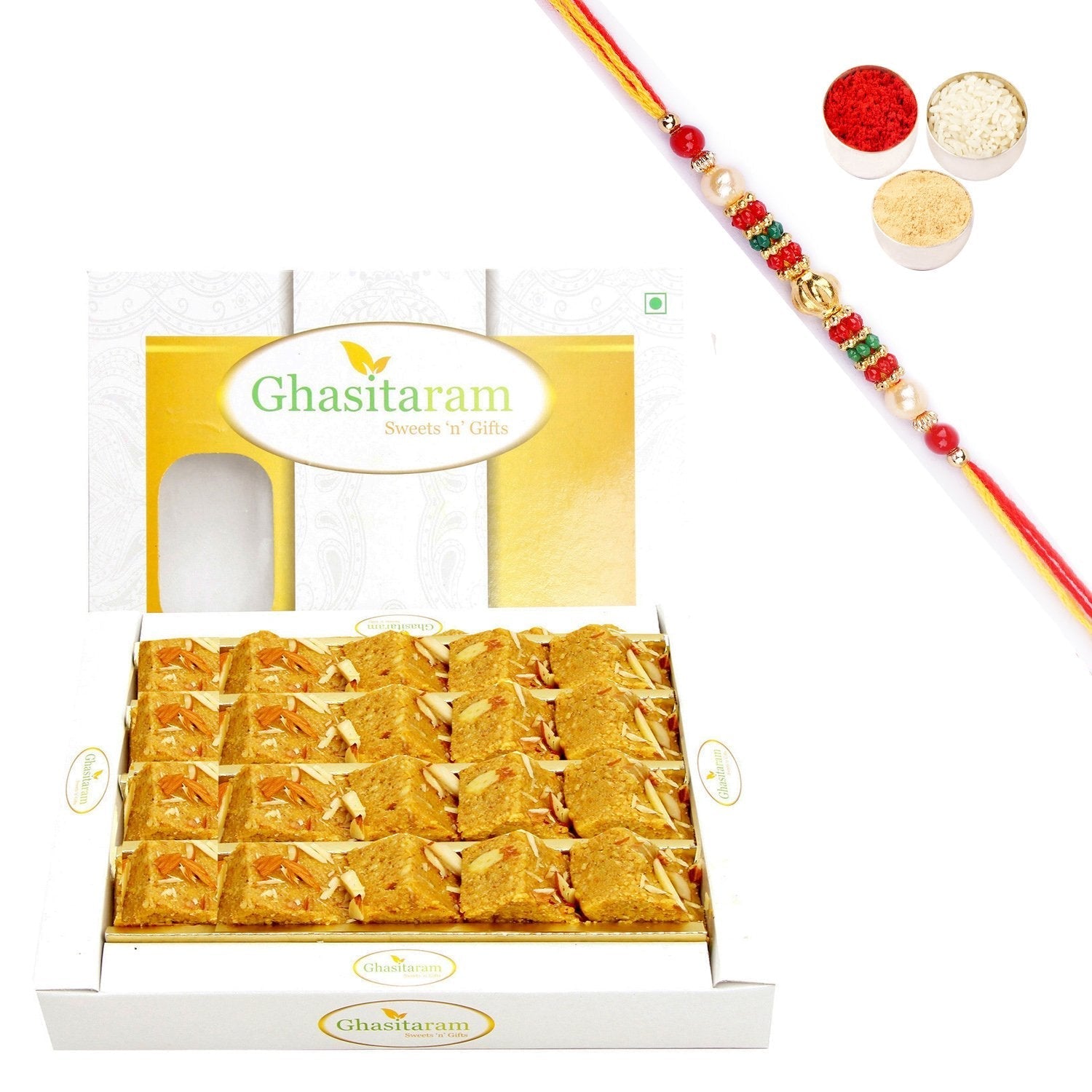 Ghasitaram Nani's Special Besan Barfi With Pearl Beads Rakhi 