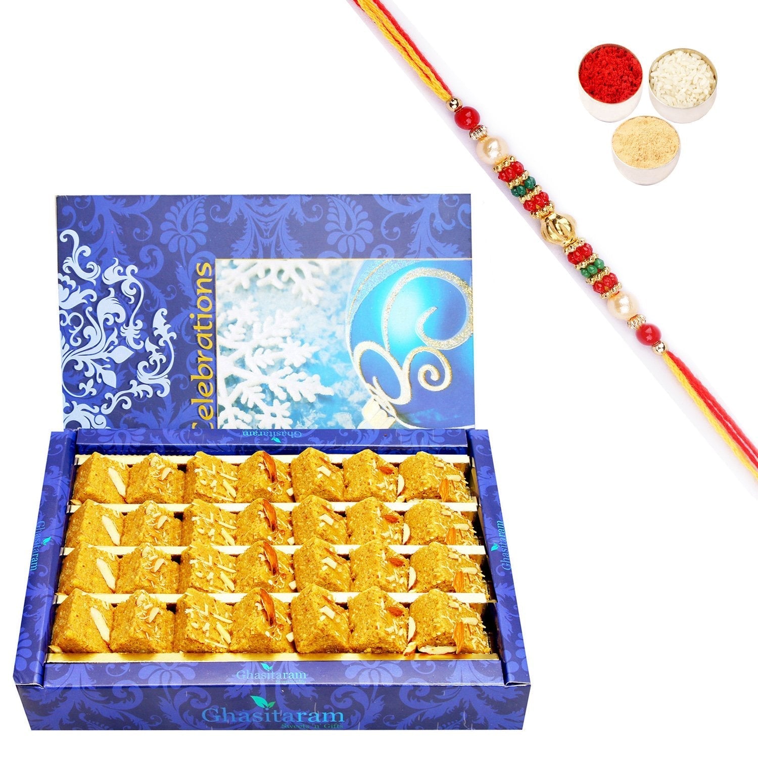 Ghasitaram Nani's Special Besan Barfi With Pearl Beads Rakhi 