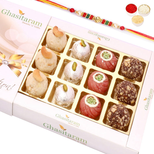 Ghasitaram Assorted Dryfruit Sweets in White Box With Pearl Beads Rakhi 