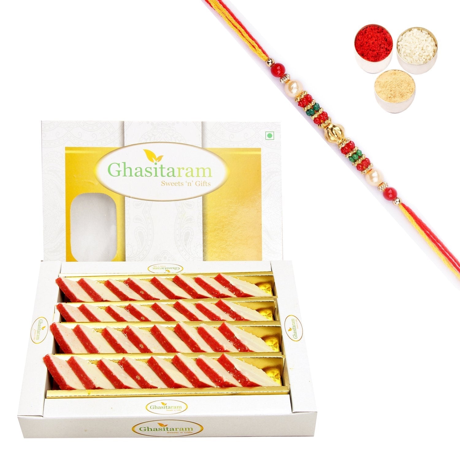 Ghasitaram Irish kaju Katli With Pearl Beads Rakhi 