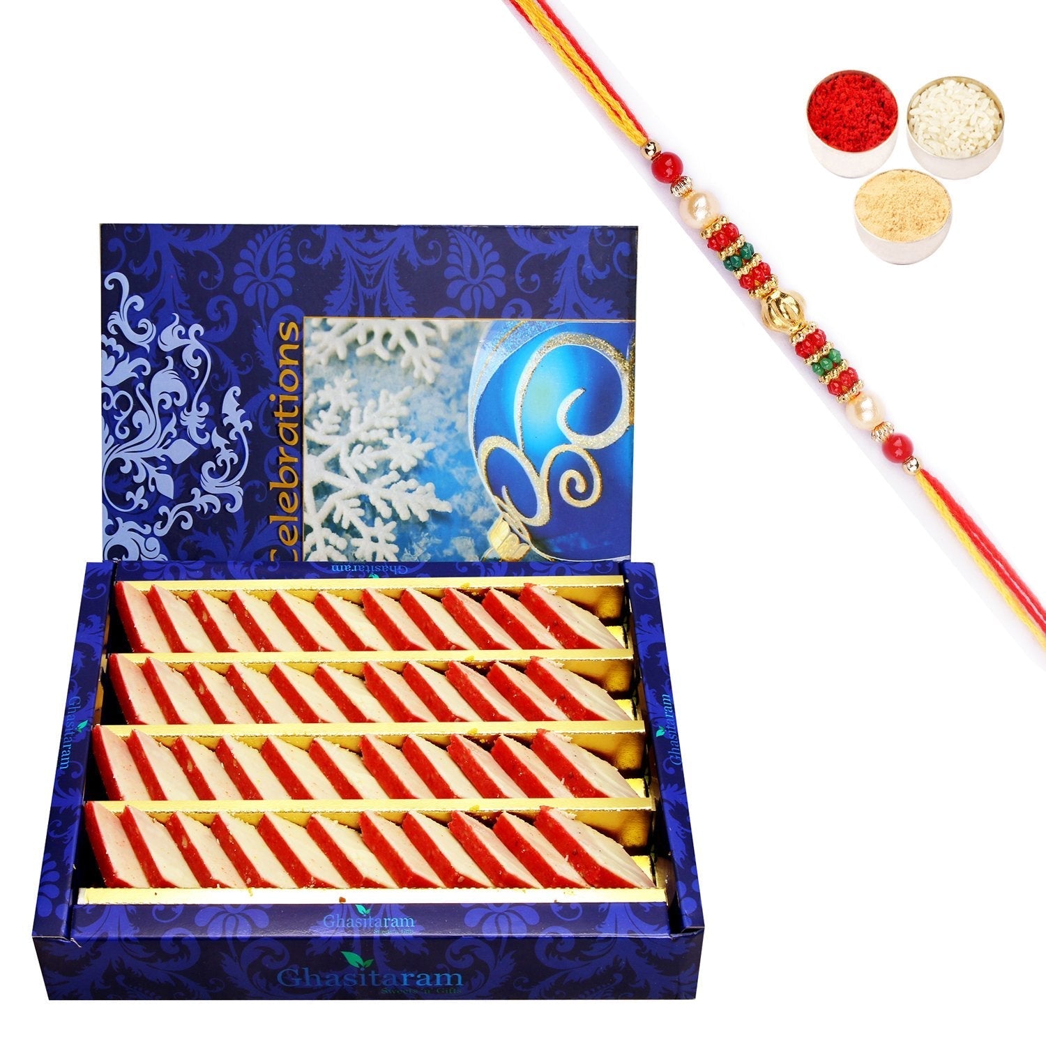 Ghasitaram Irish kaju Katli With Pearl Beads Rakhi 