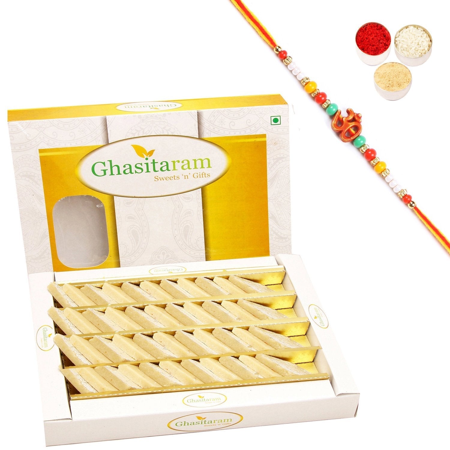 Ghasitaram Pure Kaju Katlis Box With Pearl Beads Rakhi 