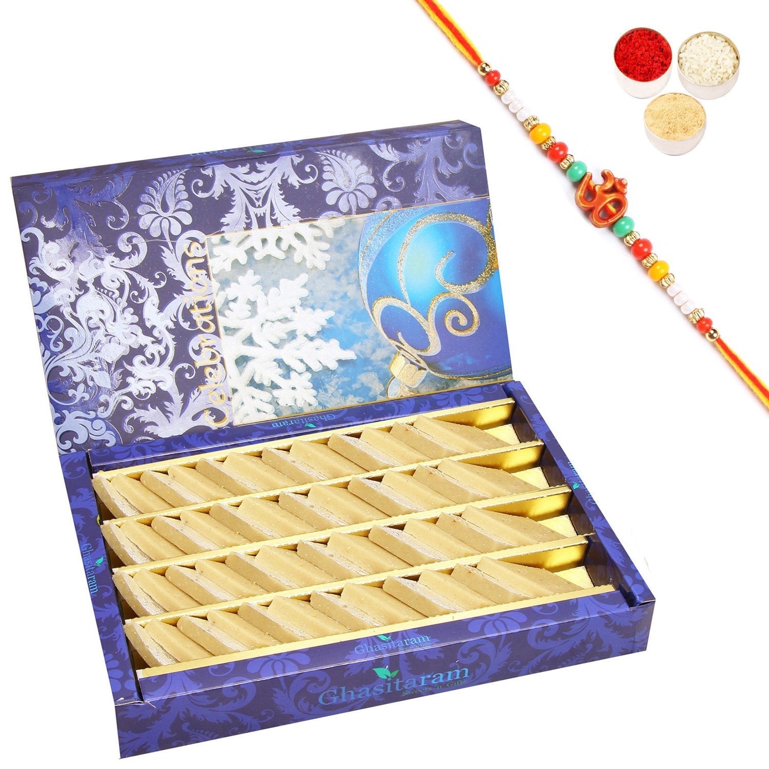 Ghasitaram Pure Kaju Katlis Box With Pearl Beads Rakhi 