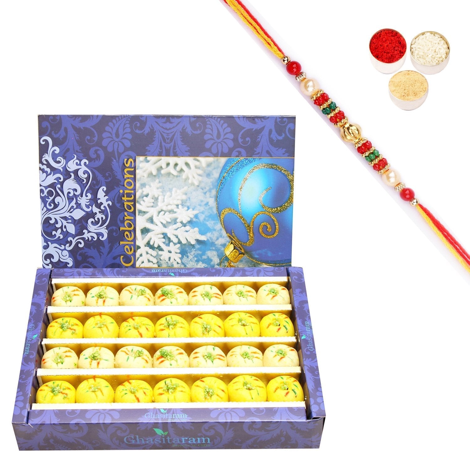 Ghasitaram Assorted Mewa bite Box With Pearl Beads Rakhi 
