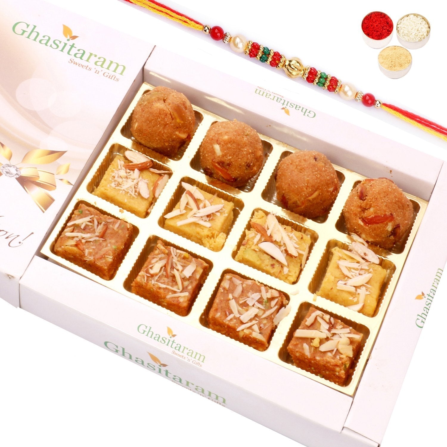 Ghasitaram North Indian Mix in White Box With Pearl Beads Rakhi 