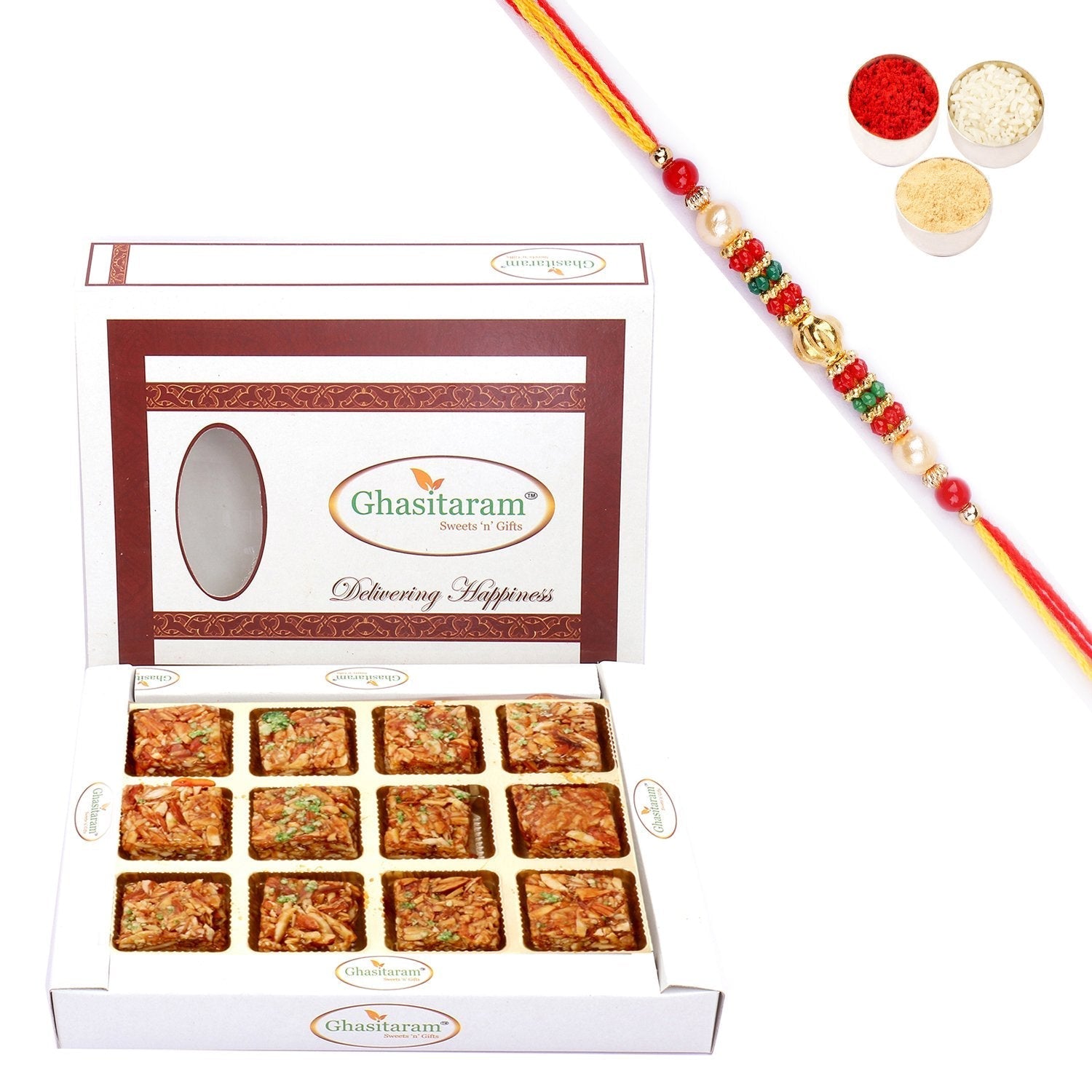 Ghasitaram Roasted Almond Delight With Pearl Beads Rakhi 