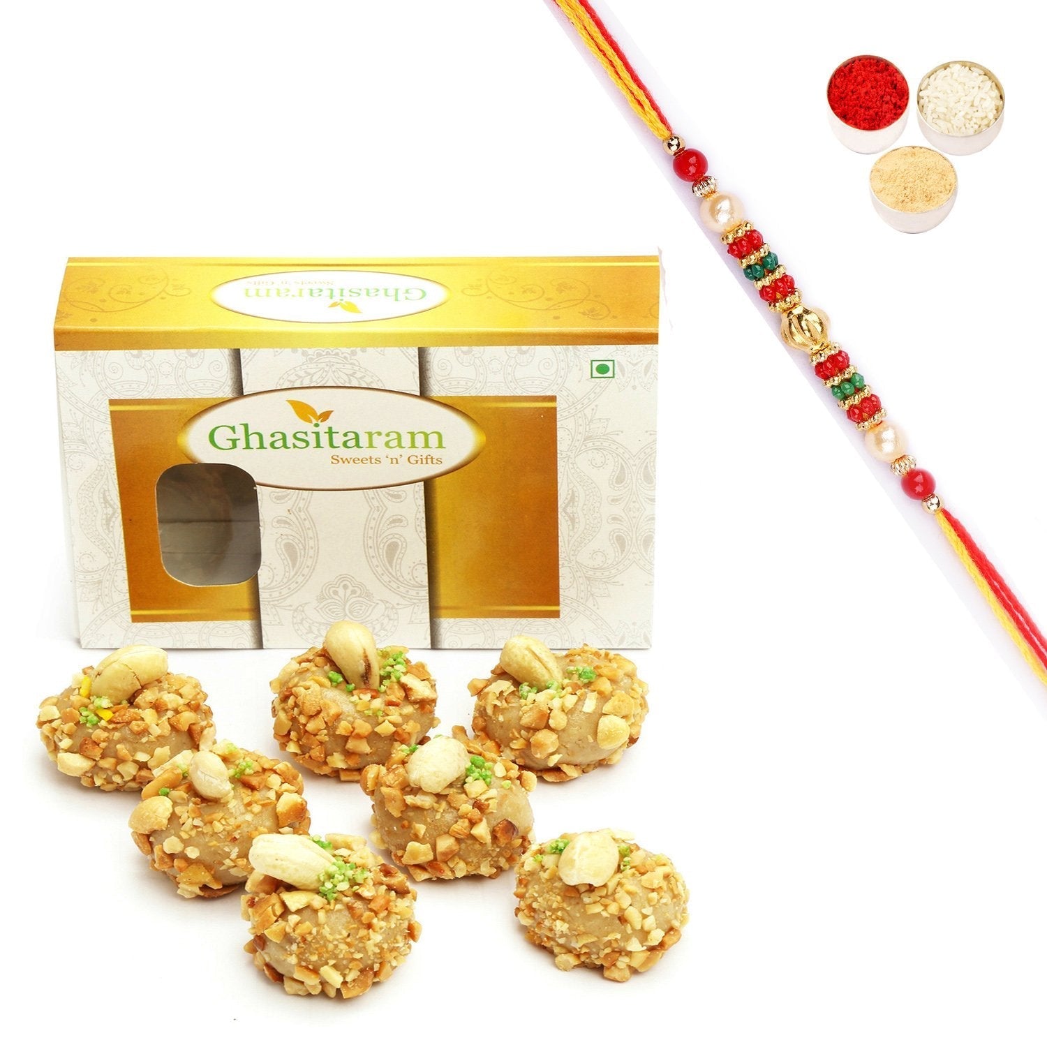 Ghasitaram Roasted Kaju Laddoo With Pearl Beads Rakhi 