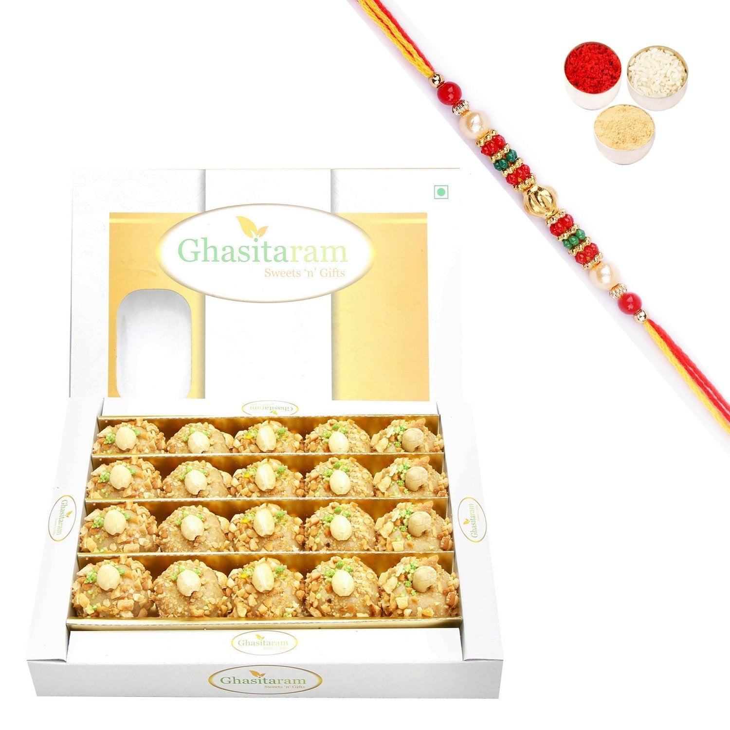 Ghasitaram Roasted Kaju Laddoo With Pearl Beads Rakhi 