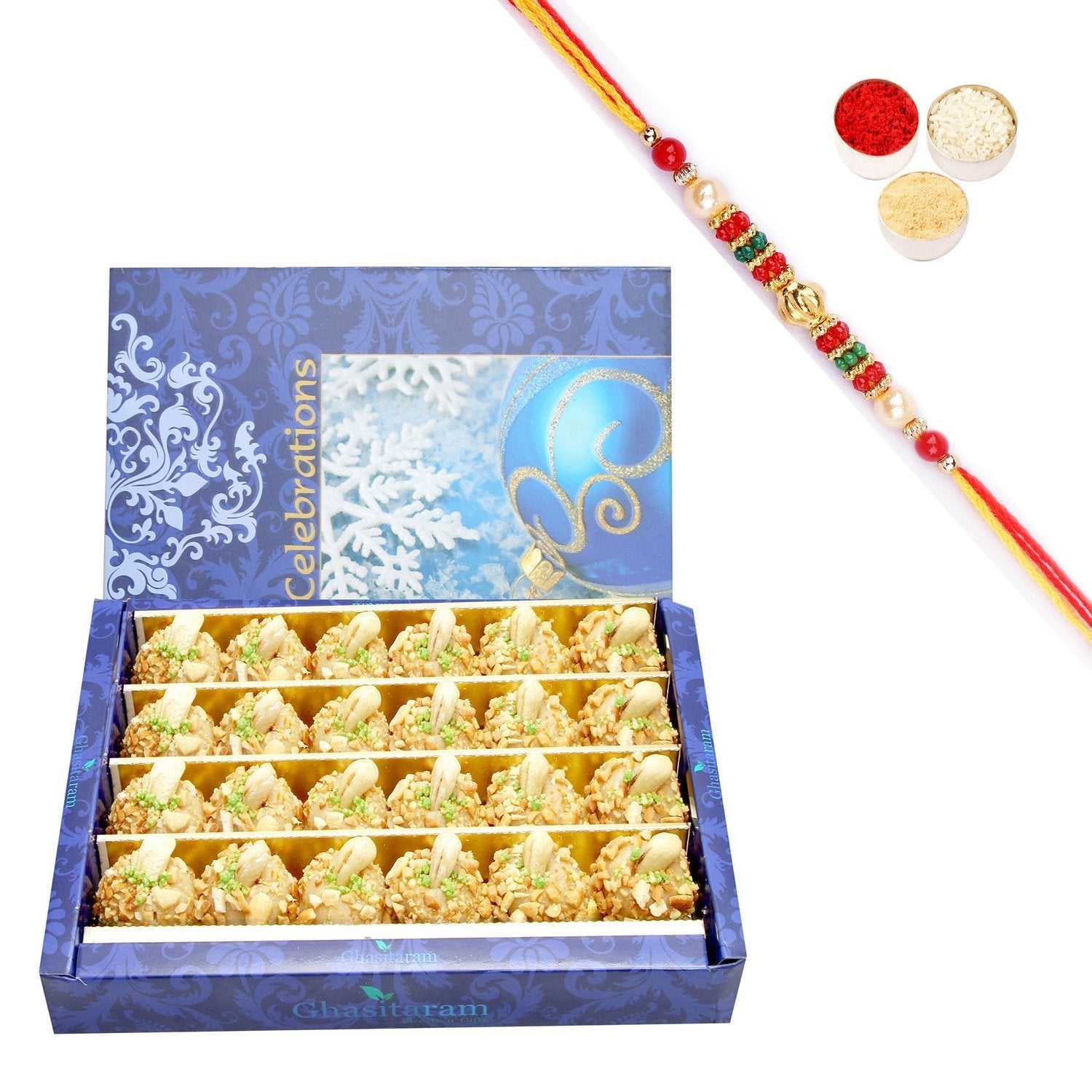 Ghasitaram Roasted Kaju Laddoo With Pearl Beads Rakhi 